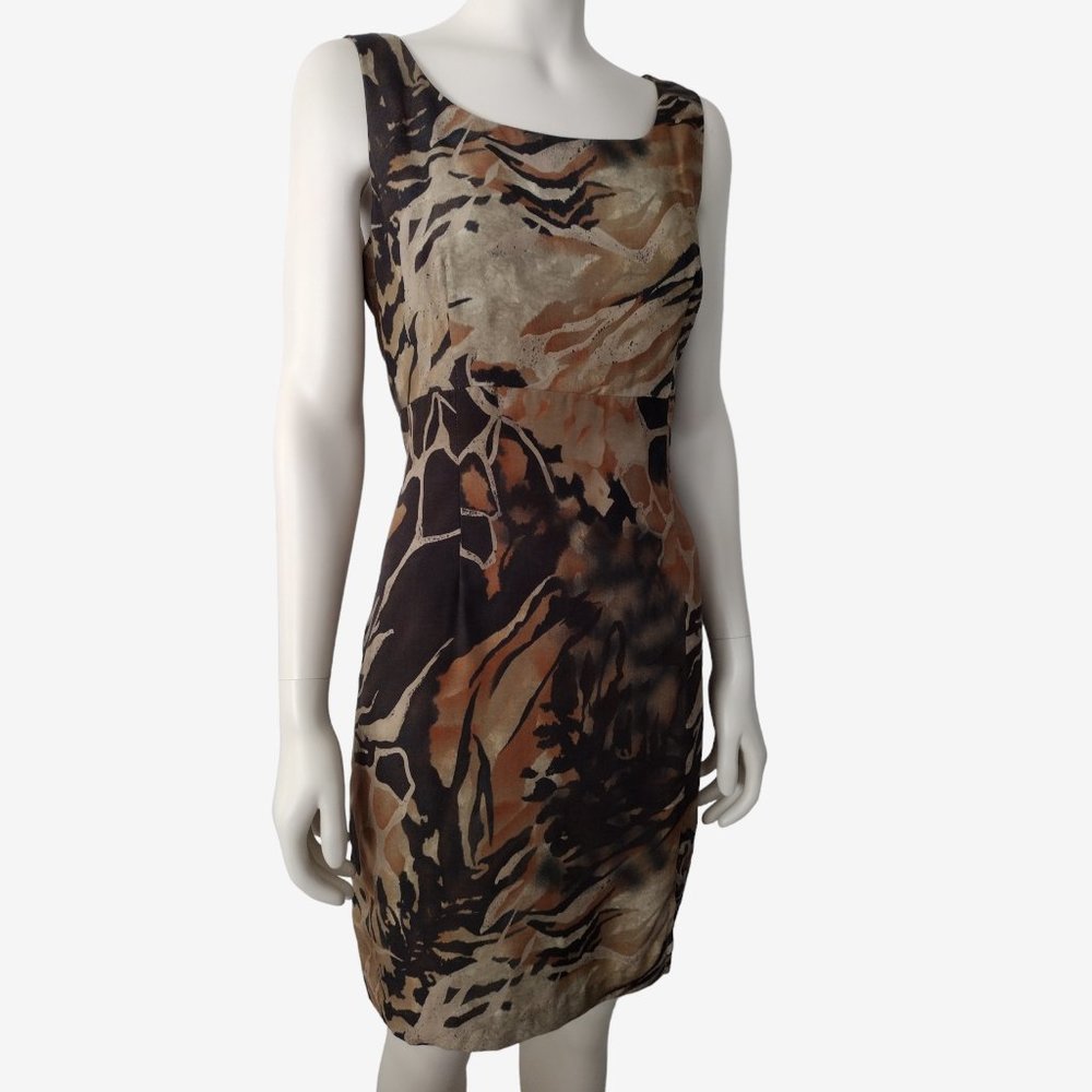 Vintage 1990s Brown Abstract Animal Print Sleeveless Sheath Dress Size 12